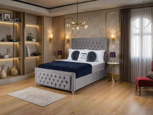 Victoria Bordered Button-Tufted Wingback Upholstered Bed Set with Floor Standing Headboard, Footboard & Storage Upgrade Option