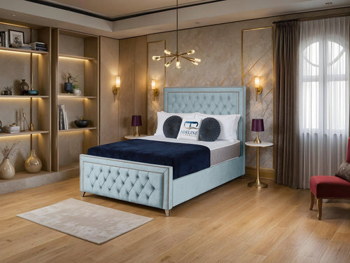 Victoria Bordered Button-Tufted Wingback Upholstered Bed Set with Floor Standing Headboard, Footboard & Storage Upgrade Option