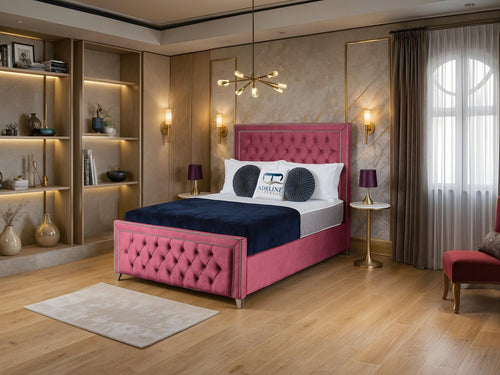 Victoria Bordered Button-Tufted Wingback Upholstered Bed Set with Floor Standing Headboard, Footboard & Storage Upgrade Option