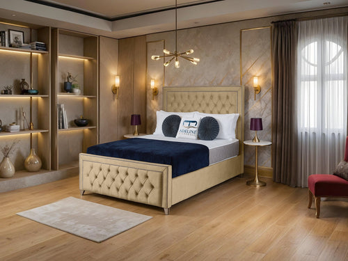 Victoria Bordered Button-Tufted Wingback Upholstered Bed Set with Floor Standing Headboard, Footboard & Storage Upgrade Option