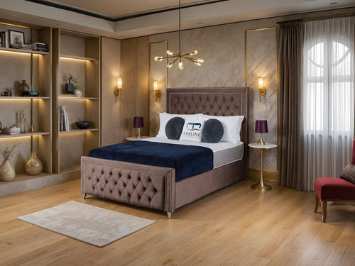 Victoria Bordered Button-Tufted Wingback Upholstered Bed Set with Floor Standing Headboard, Footboard & Storage Upgrade Option