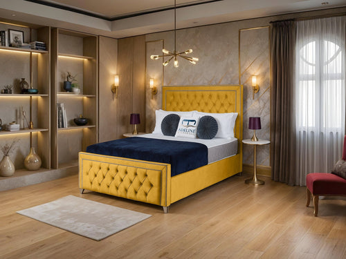 Victoria Bordered Button-Tufted Wingback Upholstered Bed Set with Floor Standing Headboard, Footboard & Storage Upgrade Option
