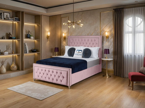 Victoria Bordered Button-Tufted Wingback Upholstered Bed Set with Floor Standing Headboard, Footboard & Storage Upgrade Option