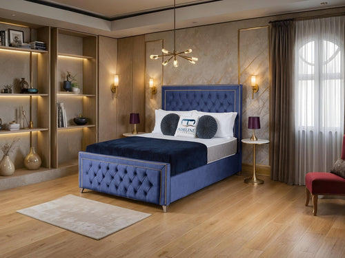 Victoria Bordered Button-Tufted Wingback Upholstered Bed Set with Floor Standing Headboard, Footboard & Storage Upgrade Option