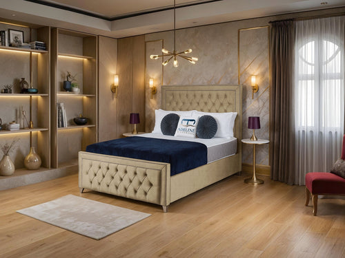 Victoria Bordered Button-Tufted Wingback Upholstered Bed Set with Floor Standing Headboard, Footboard & Storage Upgrade Option