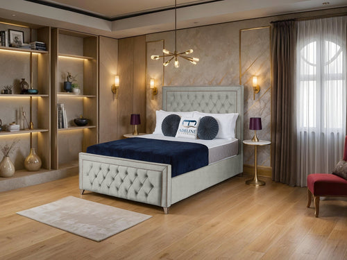 Victoria Bordered Button-Tufted Wingback Upholstered Bed Set with Floor Standing Headboard, Footboard & Storage Upgrade Option