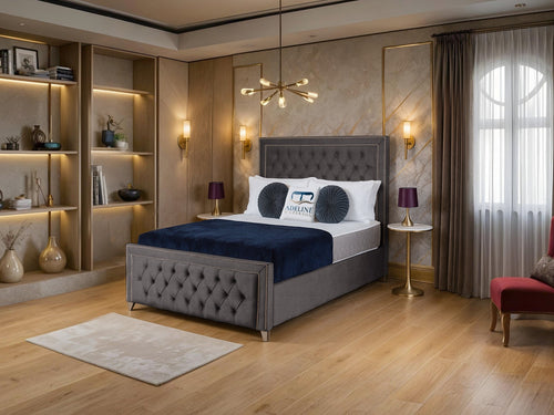 Victoria Bordered Button-Tufted Wingback Upholstered Bed Set with Floor Standing Headboard, Footboard & Storage Upgrade Option