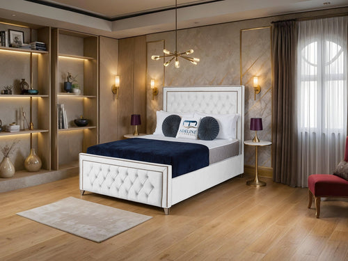 Victoria Bordered Button-Tufted Wingback Upholstered Bed Set with Floor Standing Headboard, Footboard & Storage Upgrade Option