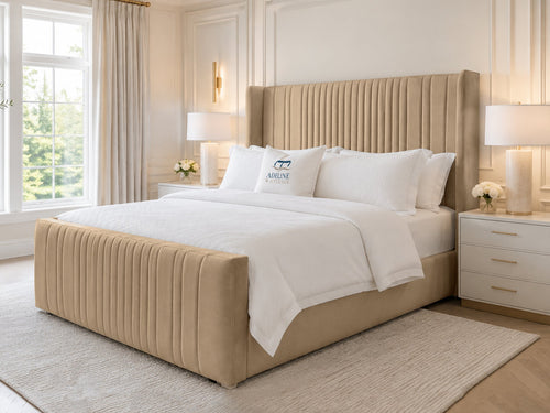 Waverly Wing Channel Upholstered Bed Set with Floor Standing Headboard, Footboard & Storage Upgrade Option