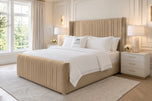 The Waverly Wing Channel Bed in Beige Plush Velvet