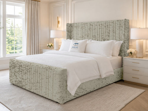 Waverly Wing Channel Upholstered Bed Set with Floor Standing Headboard, Footboard & Storage Upgrade Option