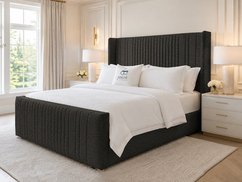 Waverly Wing Channel Upholstered Bed Set with Floor Standing Headboard, Footboard & Storage Upgrade Option