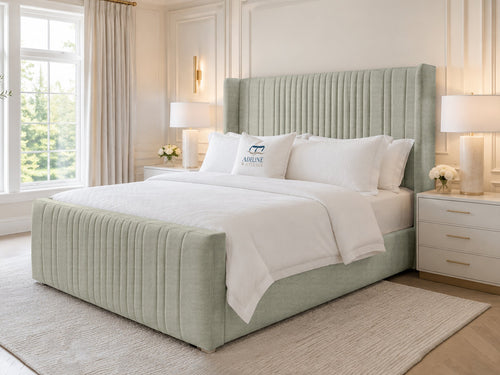 Waverly Wing Channel Upholstered Bed Set with Floor Standing Headboard, Footboard & Storage Upgrade Option