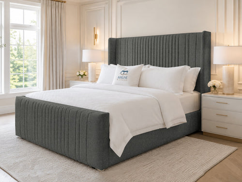 Waverly Wing Channel Upholstered Bed Set with Floor Standing Headboard, Footboard & Storage Upgrade Option