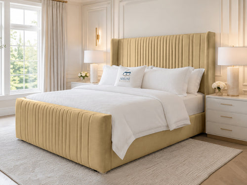 Waverly Wing Channel Upholstered Bed Set with Floor Standing Headboard, Footboard & Storage Upgrade Option