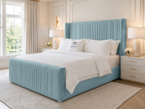 Waverly Wing Channel Upholstered Bed Set with Floor Standing Headboard, Footboard & Storage Upgrade Option