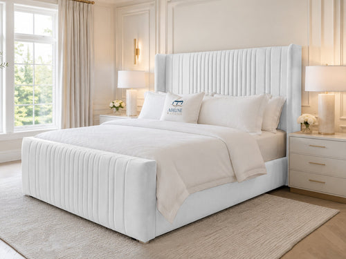 Waverly Wing Channel Upholstered Bed Set with Floor Standing Headboard, Footboard & Storage Upgrade Option