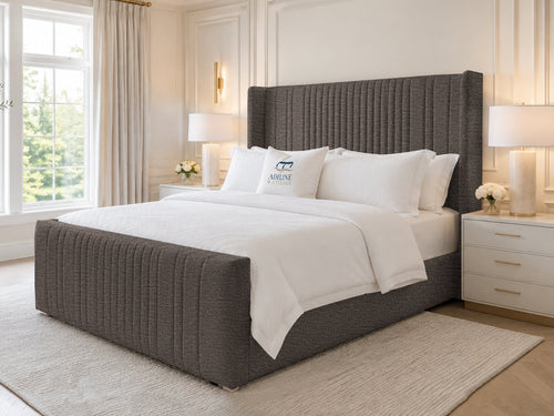 Waverly Wing Channel Upholstered Bed Set with Floor Standing Headboard, Footboard & Storage Upgrade Option