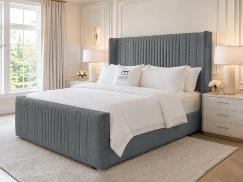 Waverly Wing Channel Upholstered Bed Set with Floor Standing Headboard, Footboard & Storage Upgrade Option