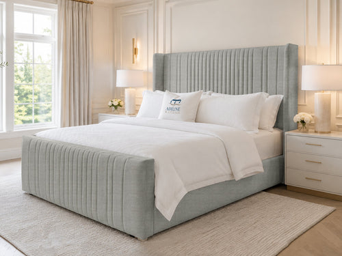 Waverly Wing Channel Upholstered Bed Set with Floor Standing Headboard, Footboard & Storage Upgrade Option