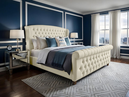 Wexford Chesterfield Button-Tufted Upholstered Sleigh Bed Set with Floor Standing Headboard, Footboard & Storage Upgrade Option