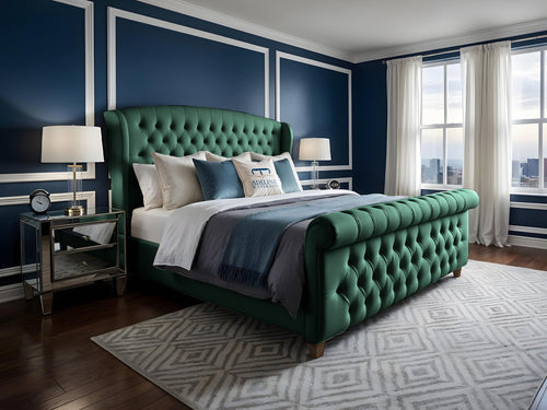 Wexford Chesterfield Button-Tufted Upholstered Sleigh Bed Set with Floor Standing Headboard, Footboard & Storage Upgrade Option