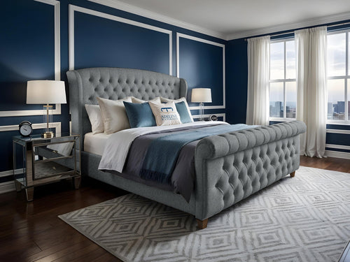 Wexford Chesterfield Button-Tufted Upholstered Sleigh Bed Set with Floor Standing Headboard, Footboard & Storage Upgrade Option