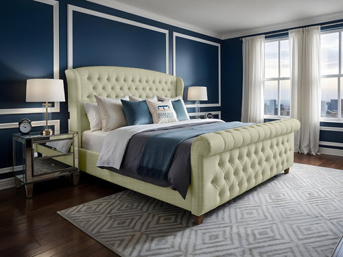 Wexford Chesterfield Button-Tufted Upholstered Sleigh Bed Set with Floor Standing Headboard, Footboard & Storage Upgrade Option