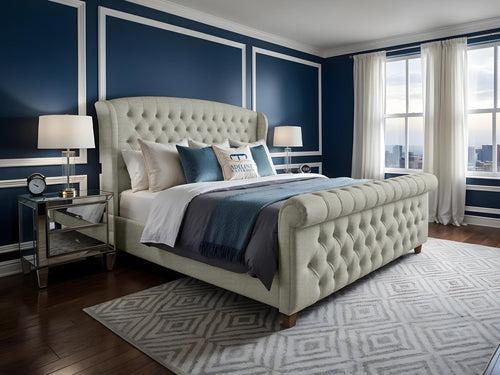 Wexford Chesterfield Button-Tufted Upholstered Sleigh Bed Set with Floor Standing Headboard, Footboard & Storage Upgrade Option