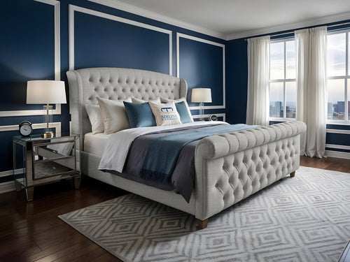 Wexford Chesterfield Button-Tufted Upholstered Sleigh Bed Set with Floor Standing Headboard, Footboard & Storage Upgrade Option