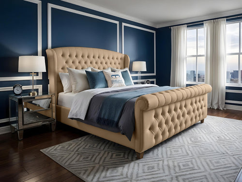 Wexford Chesterfield Button-Tufted Upholstered Sleigh Bed Set with Floor Standing Headboard, Footboard & Storage Upgrade Option