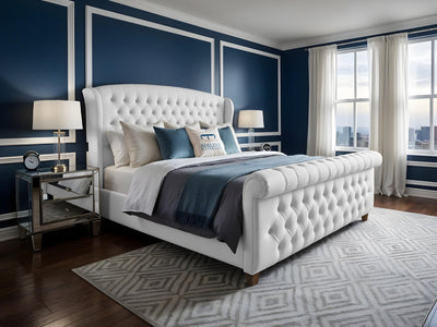 Wexford Chesterfield Button-Tufted Upholstered Sleigh Bed Set with Floor Standing Headboard, Footboard & Storage Upgrade Option