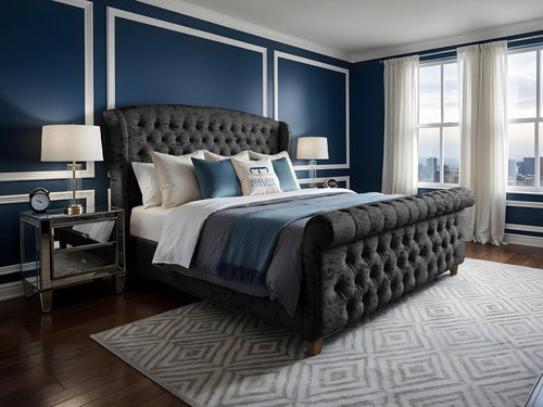 Wexford Chesterfield Button-Tufted Upholstered Sleigh Bed Set with Floor Standing Headboard, Footboard & Storage Upgrade Option