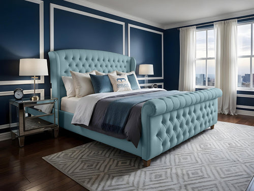 Wexford Chesterfield Button-Tufted Upholstered Sleigh Bed Set with Floor Standing Headboard, Footboard & Storage Upgrade Option
