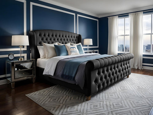 Wexford Chesterfield Button-Tufted Upholstered Sleigh Bed Set with Floor Standing Headboard, Footboard & Storage Upgrade Option