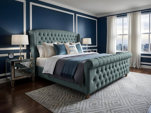Wexford Chesterfield Button-Tufted Upholstered Sleigh Bed Set with Floor Standing Headboard, Footboard & Storage Upgrade Option