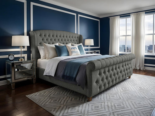 Wexford Chesterfield Button-Tufted Upholstered Sleigh Bed Set with Floor Standing Headboard, Footboard & Storage Upgrade Option
