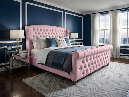 Wexford Chesterfield Button-Tufted Upholstered Sleigh Bed Set with Floor Standing Headboard, Footboard & Storage Upgrade Option
