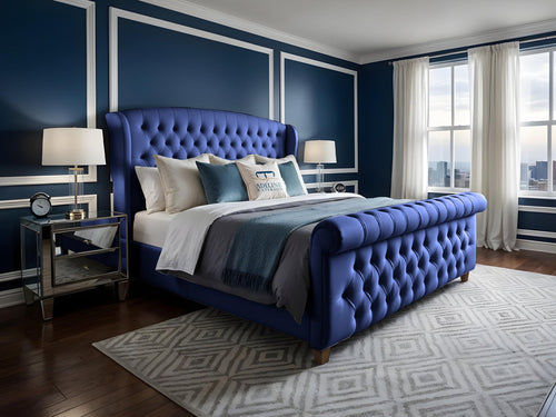 Wexford Chesterfield Button-Tufted Upholstered Sleigh Bed Set with Floor Standing Headboard, Footboard & Storage Upgrade Option