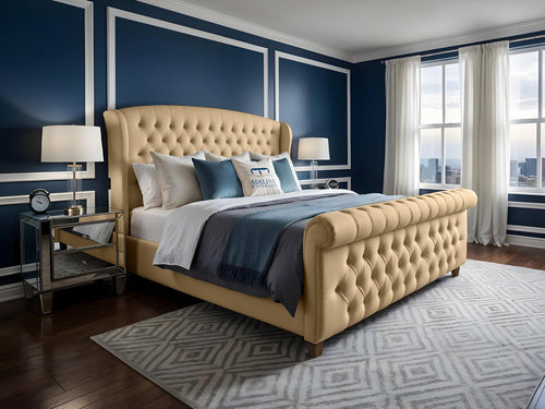 Wexford Chesterfield Button-Tufted Upholstered Sleigh Bed Set with Floor Standing Headboard, Footboard & Storage Upgrade Option