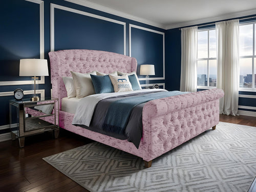 Wexford Chesterfield Button-Tufted Upholstered Sleigh Bed Set with Floor Standing Headboard, Footboard & Storage Upgrade Option