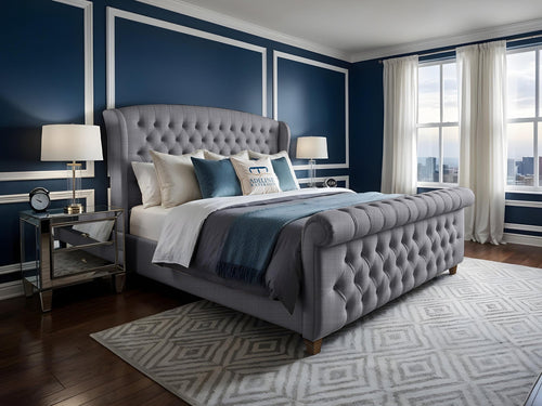 Wexford Chesterfield Button-Tufted Upholstered Sleigh Bed Set with Floor Standing Headboard, Footboard & Storage Upgrade Option