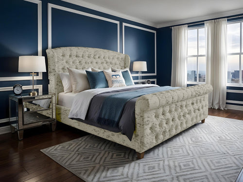 Wexford Chesterfield Button-Tufted Upholstered Sleigh Bed Set with Floor Standing Headboard, Footboard & Storage Upgrade Option