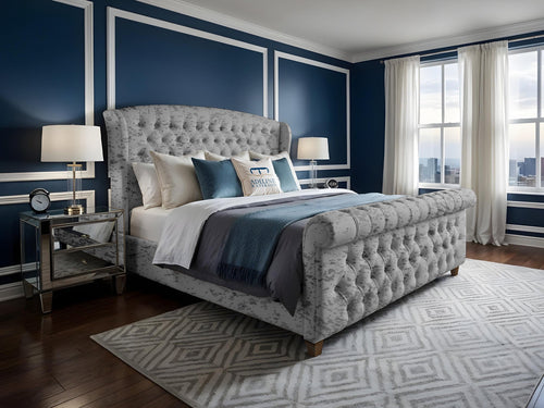 Wexford Chesterfield Button-Tufted Upholstered Sleigh Bed Set with Floor Standing Headboard, Footboard & Storage Upgrade Option