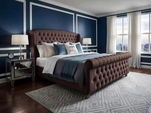 Wexford Chesterfield Button-Tufted Upholstered Sleigh Bed Set with Floor Standing Headboard, Footboard & Storage Upgrade Option