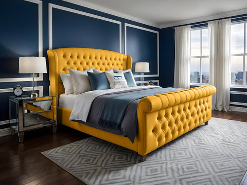 Wexford Chesterfield Button-Tufted Upholstered Sleigh Bed Set with Floor Standing Headboard, Footboard & Storage Upgrade Option
