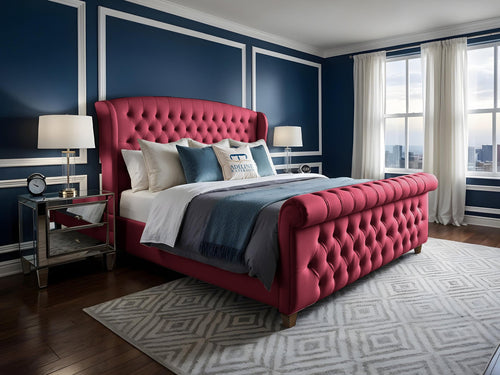 Wexford Chesterfield Button-Tufted Upholstered Sleigh Bed Set with Floor Standing Headboard, Footboard & Storage Upgrade Option