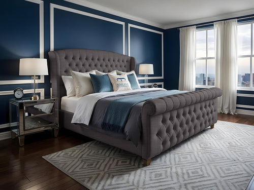 Wexford Chesterfield Button-Tufted Upholstered Sleigh Bed Set with Floor Standing Headboard, Footboard & Storage Upgrade Option