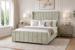 Champagne Crushed Velvet - Windsor Vertical Channel Upholstered Bed Set with Floor Standing Headboard, Footboard & Storage Upgrade Option