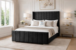 Black Plush Velvet - Windsor Vertical Channel Upholstered Bed Set with Floor Standing Headboard, Footboard & Storage Upgrade Option